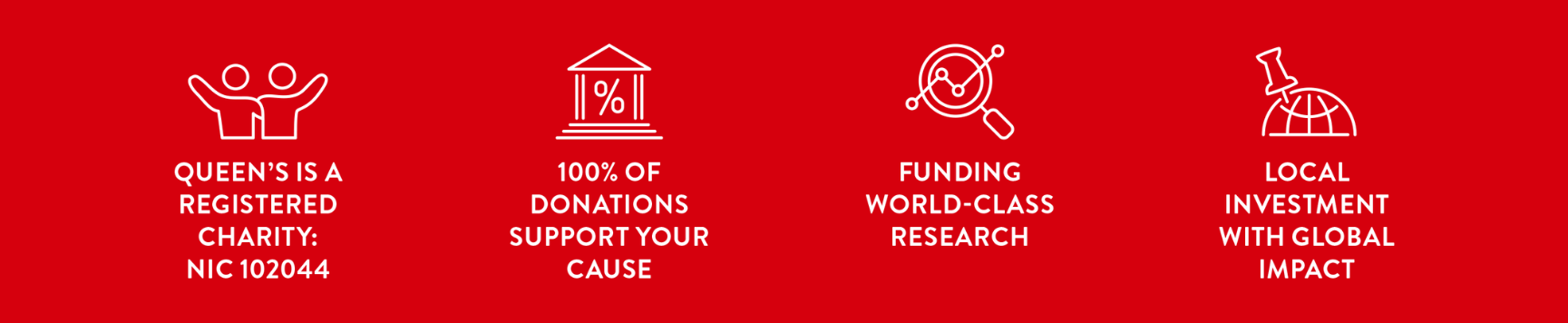 infographics against red background (representing 100% of your donations support your case, charity number, global impact and research)